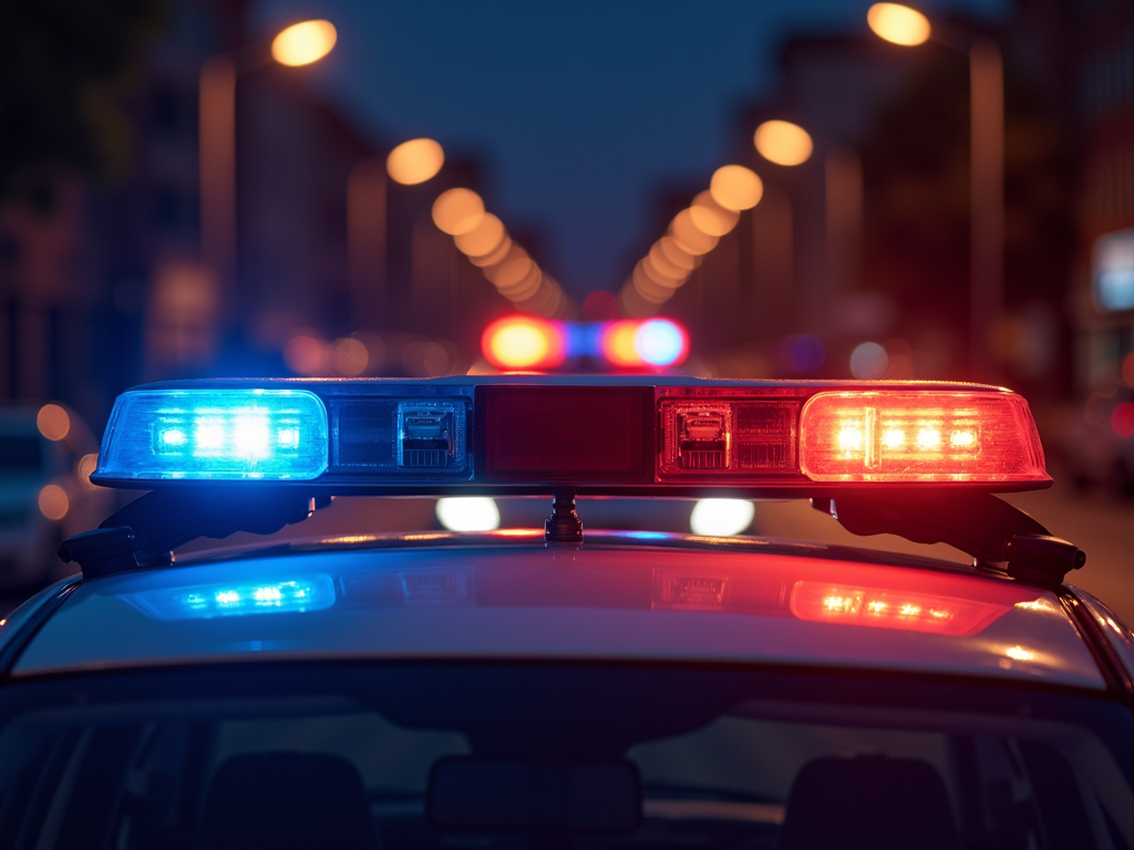 A police car with flashing blue and red lights is parked on a city street at night.