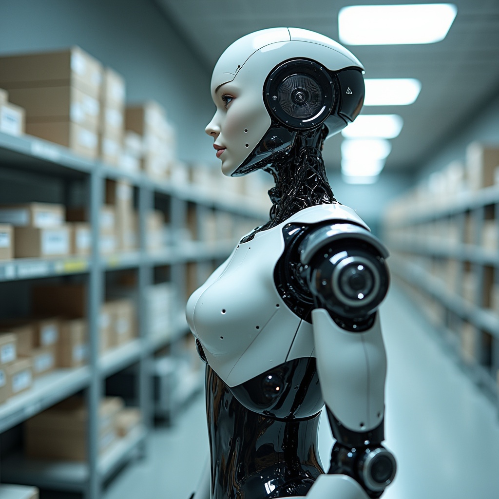 A humanoid robot in a futuristic laboratory. Robot features a sleek metallic design and advanced technology elements. The setting includes soft ambient lighting and neutral background tones.