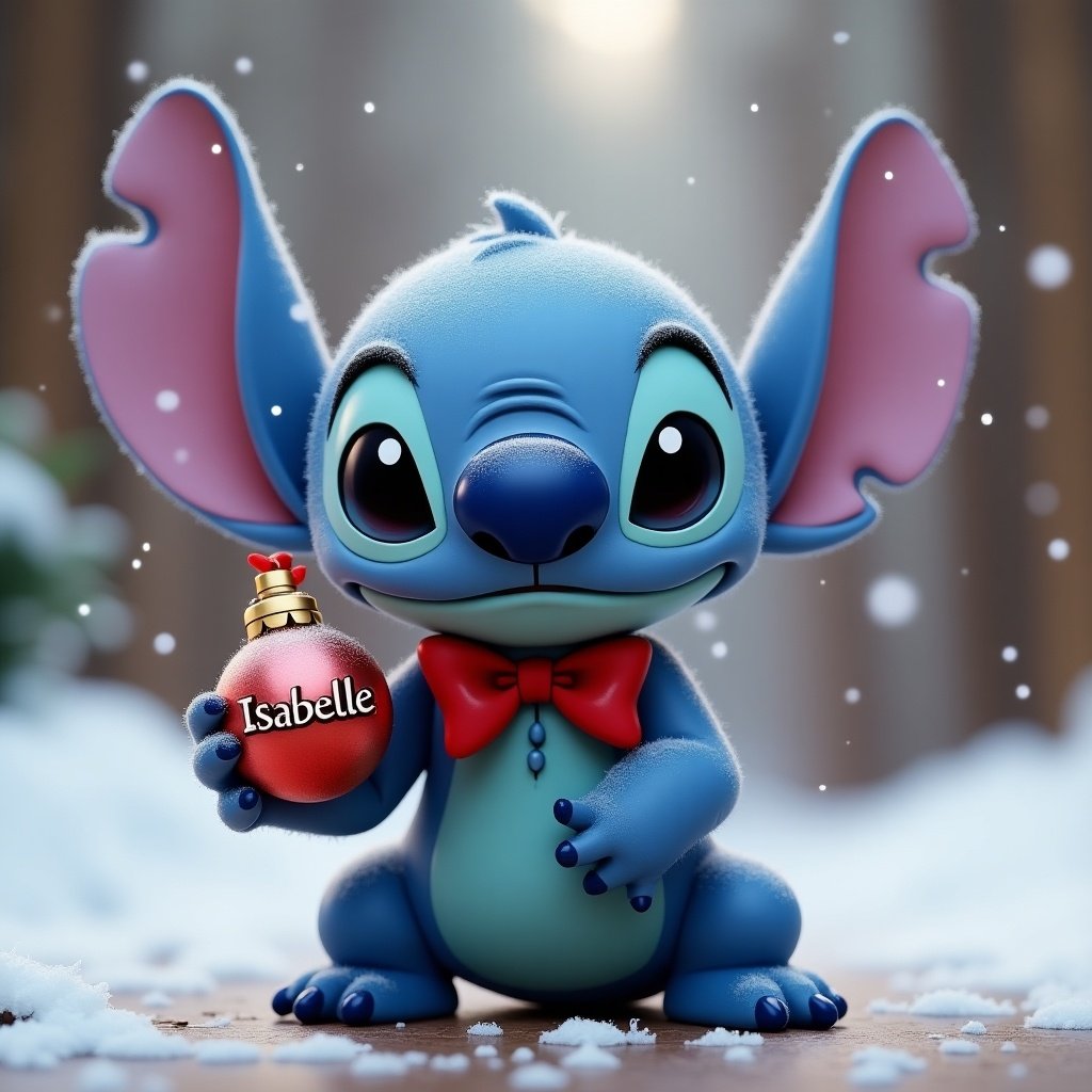 Cute character resembling Stitch from Disney. Blue with large ears and a bow tie. Holding a Christmas bauble featuring the name Isabelle.