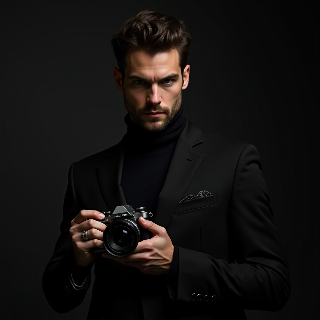 A man in a black suit holds a camera against a dark background.