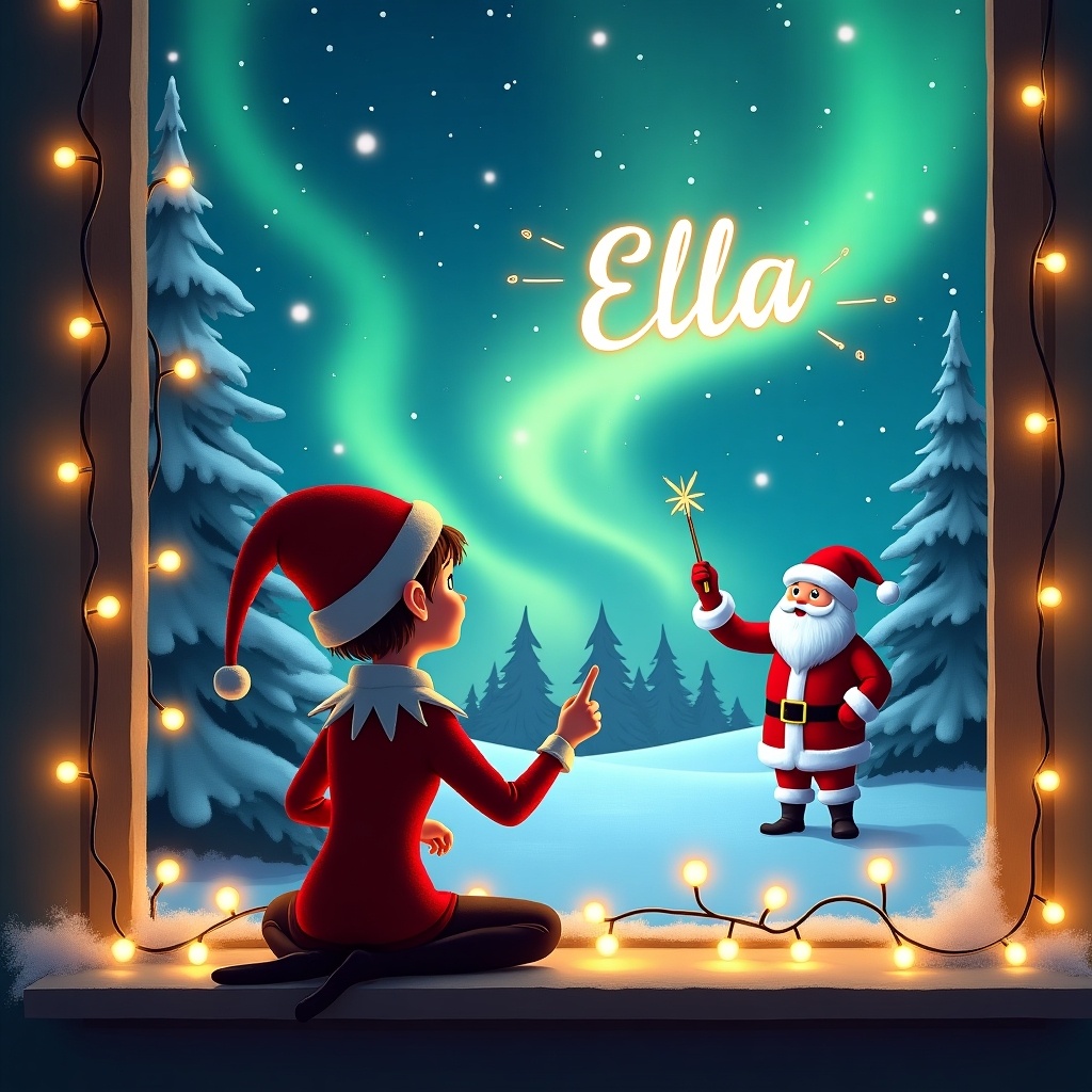 This image features an elf on the shelf, depicted from behind, enjoying the festive atmosphere. The elf is facing the sky, using a wand to write the name 'Ella' among the magical northern lights. In the background, Santa Claus adds to the enchanting scene, blending into the winter wonderland setting. Snow-covered trees accentuate the magical feeling. Soft, warm lights twinkle around the window, creating a cozy holiday ambiance. This illustration captures the joy and magic of Christmas, ideal for evoking holiday spirit.