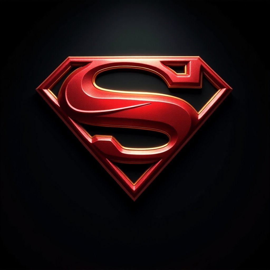 Create a cinema logo featuring superheroes. The logo should look appealing and use iconic titles. The main logo is a red and gold Superman emblem against a dark background.