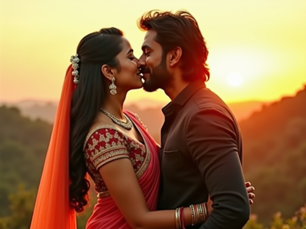 a couple sharing a romantic kiss at sunset, dressed in traditional Indian attire, with a scenic background