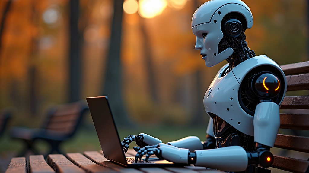 A humanoid robot sits on a park bench using a laptop during a serene autumn evening.