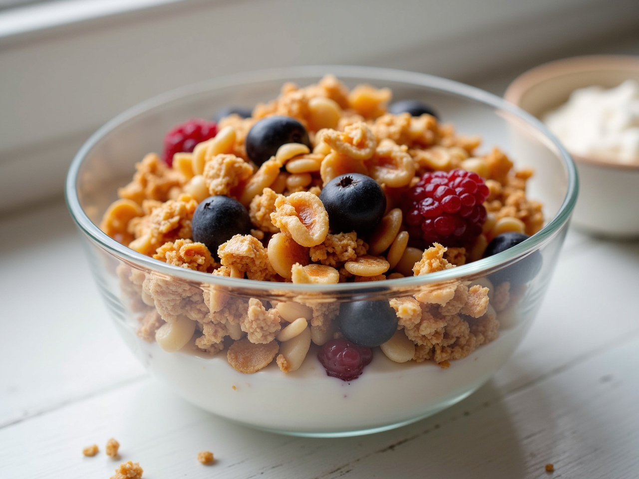 The image showcases a delicious serving of granola with yogurt. It features honey-drizzled granola topped with an array of fresh berries, including blueberries and raspberries. The granola is accented with crunchy hazelnuts, providing a delightful texture. This colorful mix is presented in a transparent large bowl, highlighting the layers of yogurt and granola beneath. The setting is brightened by natural light, creating an inviting atmosphere perfect for a healthy breakfast or snack.