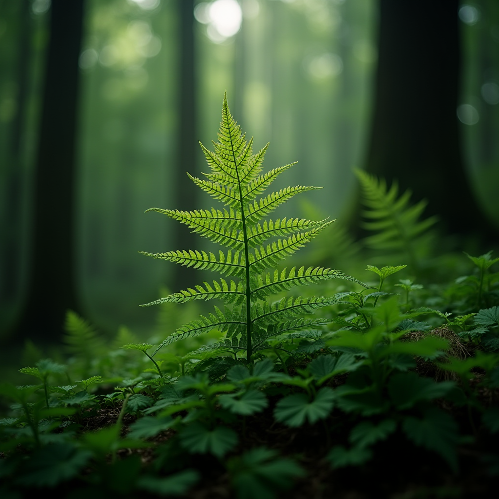 A single bright green fern stands out in a misty, lush forest.