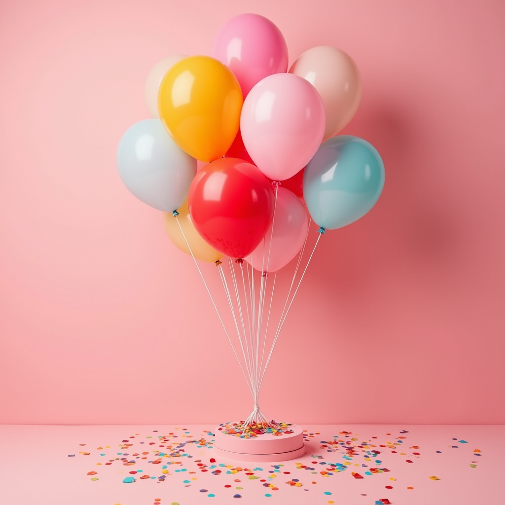 A bundle of brightly colored balloons, including shades of yellow, red, blue, and pink, are tethered to a small, circular pink base, surrounded by scattered confetti on a matching pink background.