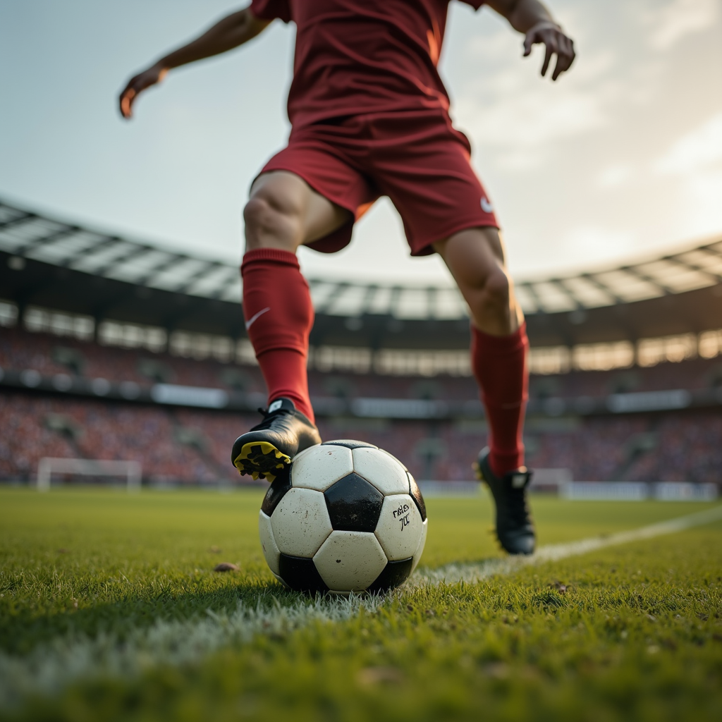 A soccer player in a red uniform poised with the ball on a green field in a stadium.