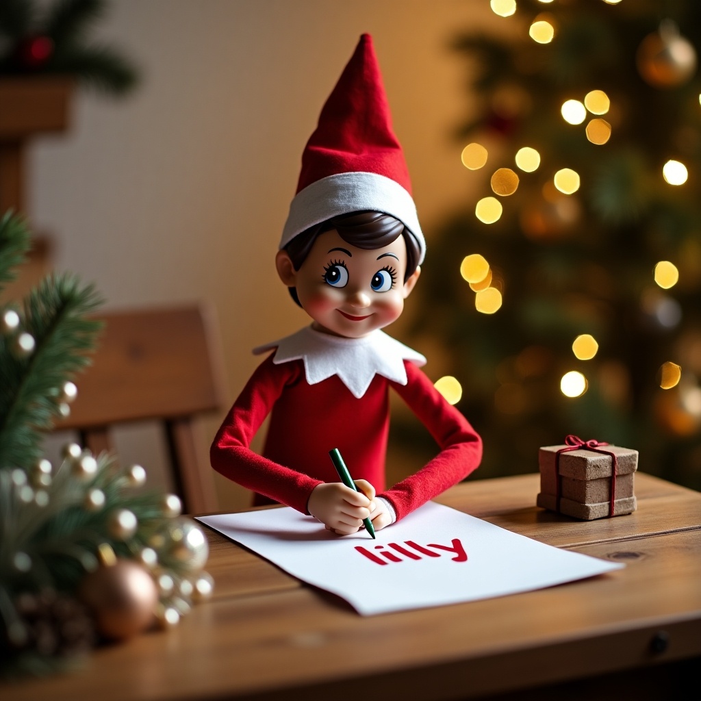 This image features an adorable Elf on the Shelf character sitting at a wooden table, intently writing the name 'Lilly' on a white sheet of paper. The elf is dressed in a bright red outfit with a classic white collar and a pointed red hat. In the background, there is a beautifully adorned Christmas tree, with sparkling lights casting a warm glow over the scene. The atmosphere feels festive and whimsical, perfect for capturing the magic of the holiday season. There is also a small gift box next to the elf, adding to the charm of the setting.