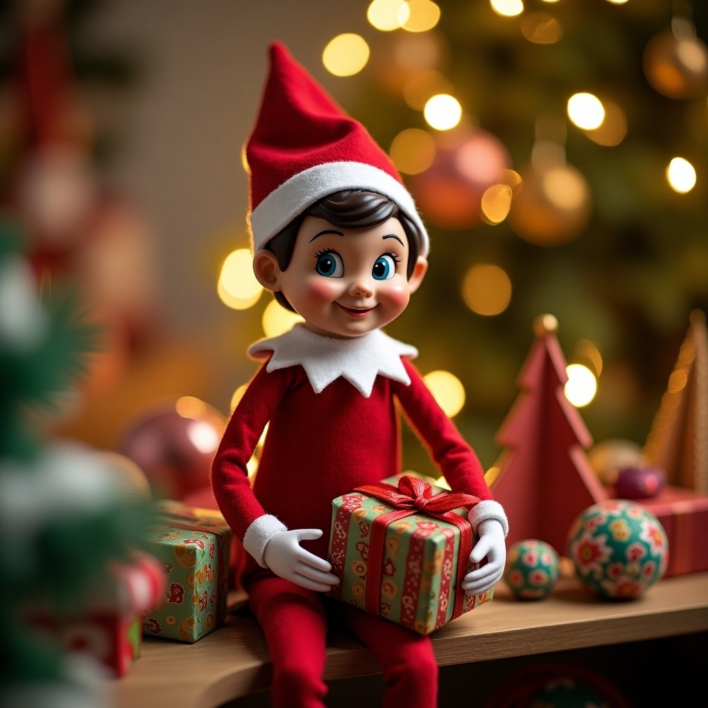 The image features a cheerful Elf on the Shelf doll sitting on a wooden surface surrounded by colorful gifts and holiday decorations. The elf is dressed in a bright red outfit with a playful expression, embodying the festive spirit of Christmas. The background includes blurred twinkling lights and festive trees, creating a warm and inviting holiday atmosphere. The scene is perfect for holiday promotional material, capturing the essence of family and tradition during the festive season. The elf holds a beautifully wrapped present, enhancing the theme of giving and joy during Christmas time.