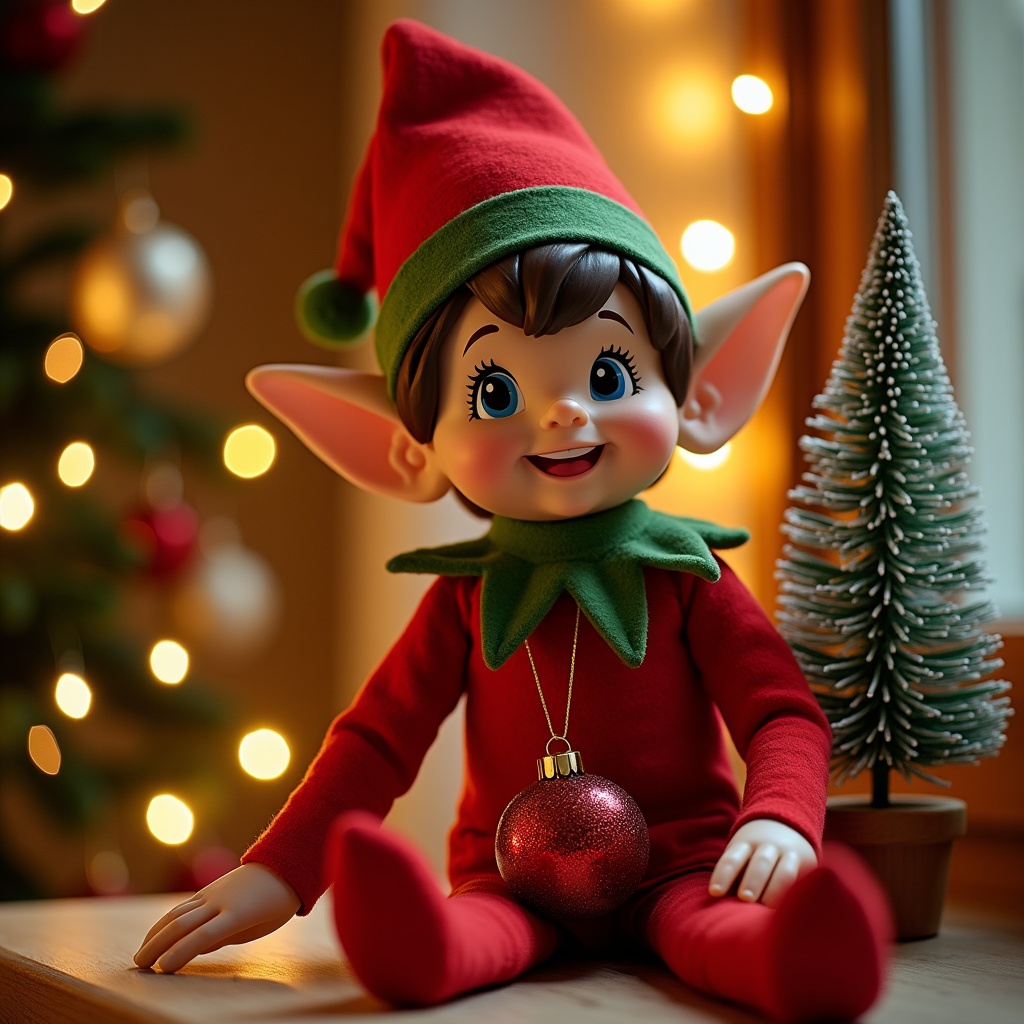 This image showcases a cheerful elf doll in a cozy indoor setting associated with Christmas. The elf is dressed in vibrant red and green attire, complete with a pointed hat and a playful smile. Surrounding the doll are twinkling fairy lights and a small Christmas tree, enhancing the festive ambiance. A decorative ornament is placed in the elf's lap, emphasizing the holiday spirit. The overall warm lighting of the scene creates an inviting atmosphere, perfect for the season of joy and celebration.