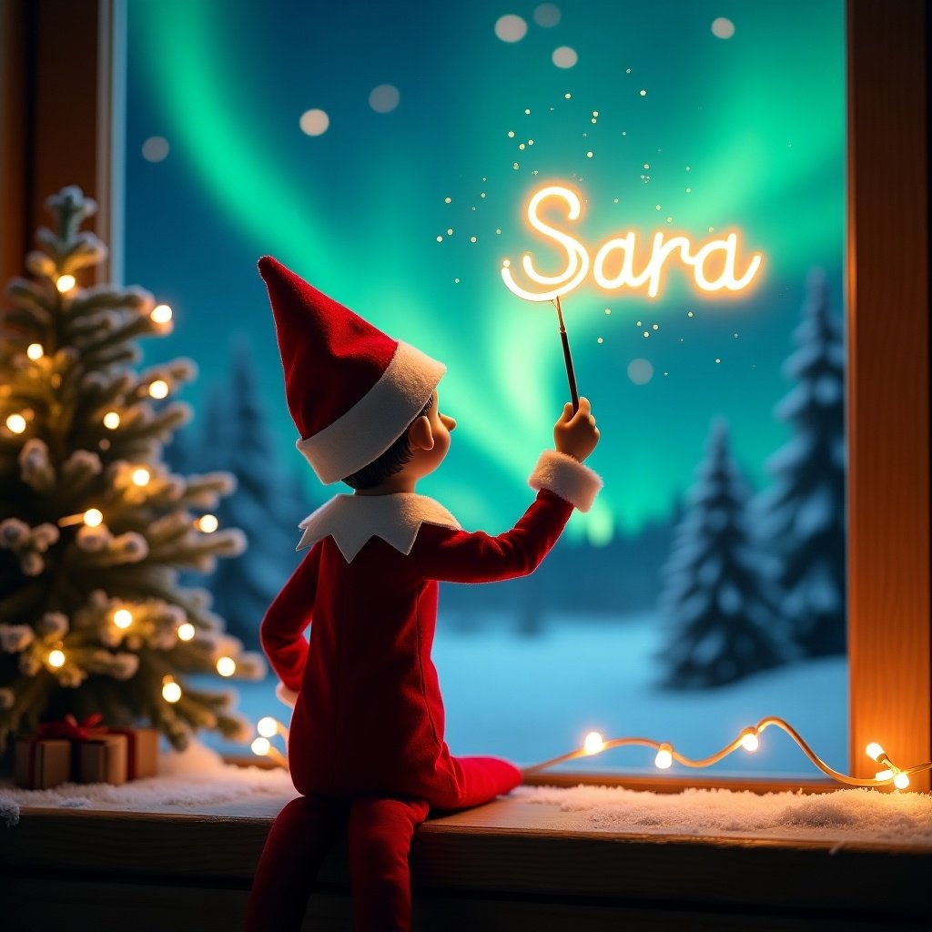 An enchanting Christmas scene featuring an elf on the shelf, who is facing the sky with his back to the viewer. The elf, dressed in red and white, wields a magic wand, writing 'Sara' in a glowing script above him. The backdrop is adorned with vibrant northern lights, adding a magical ambiance. The scene is festive, portraying the spirit of Christmas with a whimsical twist. The elf's position and action create a sense of wonder and excitement that captures the joy of the holiday season.