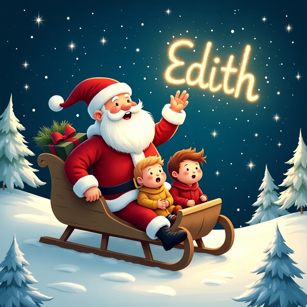 A whimsical illustration features Santa Claus on a sled in a snowy landscape. He joyfully writes the name 'Edith' in the sky with sparkling light. The scene has fluffy snow-covered trees and a cozy, festive atmosphere. Two amazed children sit in the sled. It's a beautiful night with twinkling stars and holiday joy. The image captures the essence of Christmas.