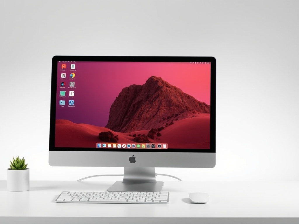 A sleek desktop computer setup with a modern design on a white desk, complemented by a small plant.