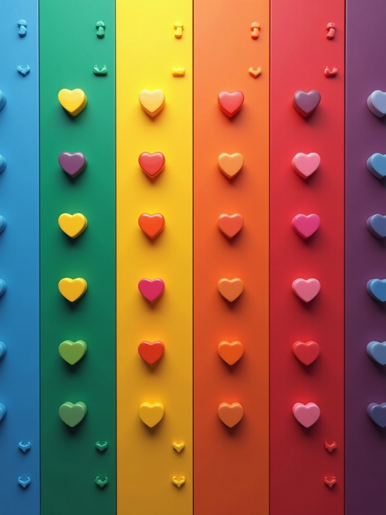 A colorful array of heart shapes aligned vertically on rainbow-colored panels, with small heart buttons scattered around.