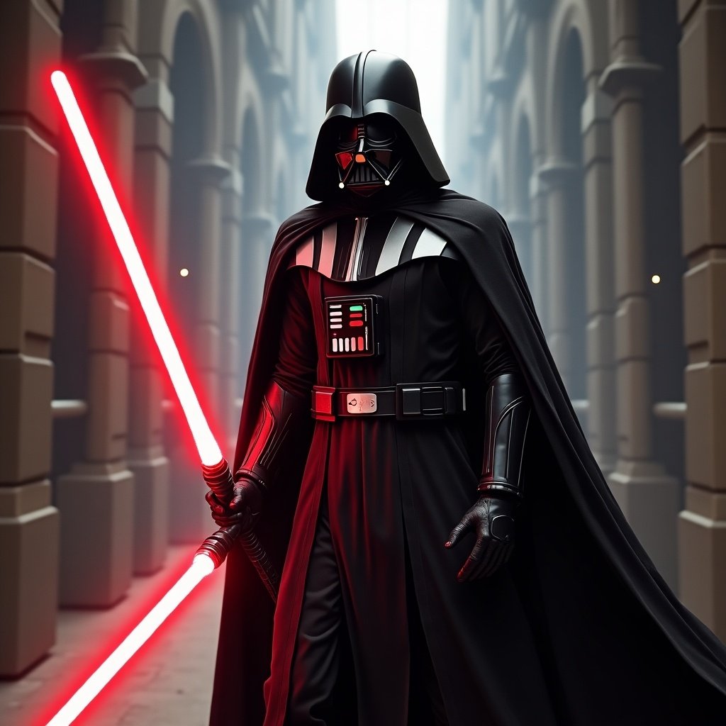 Sith lord stands with a red lightsaber in a dark corridor. Character wears a black cape and helmet. The atmosphere is ominous and dramatic.