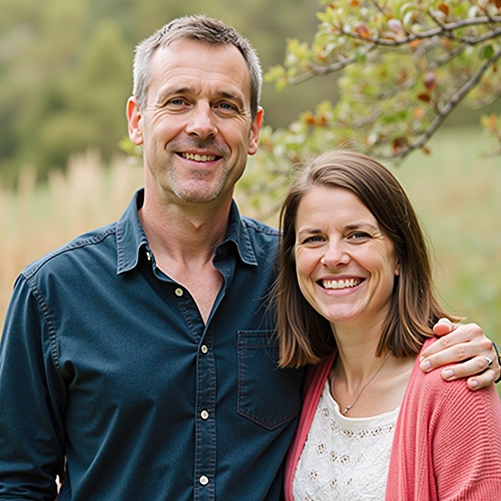 A couple standing outdoors in a natural setting with greenery around them. The man is in a blue shirt and the woman is wearing a light top. They appear happy together.