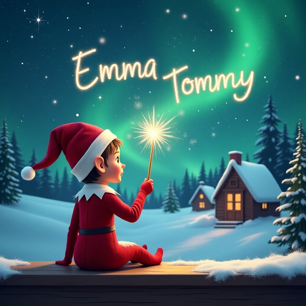 An elf sits on a wooden ledge with its back to the camera, gazing at a magical sky. The elf, dressed in a red outfit with a pointed hat, holds a sparkling wand. With the wand, the elf elegantly writes the names 'Emma' and 'Tommy' in the starry sky. The background features a snowy landscape with charming little houses and evergreen trees under the shimmering Northern Lights. This whimsical scene captures the essence of childhood magic and Christmas cheer.