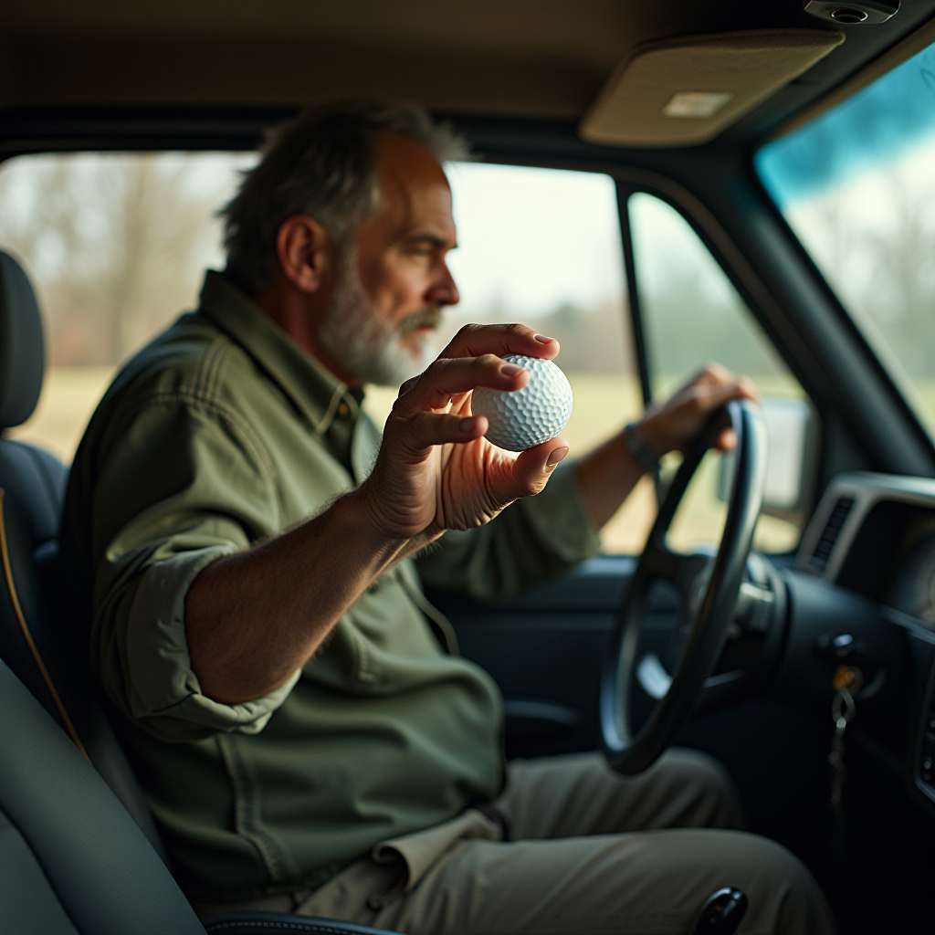 A man sits in a car holding a golf ball, looking contemplative.