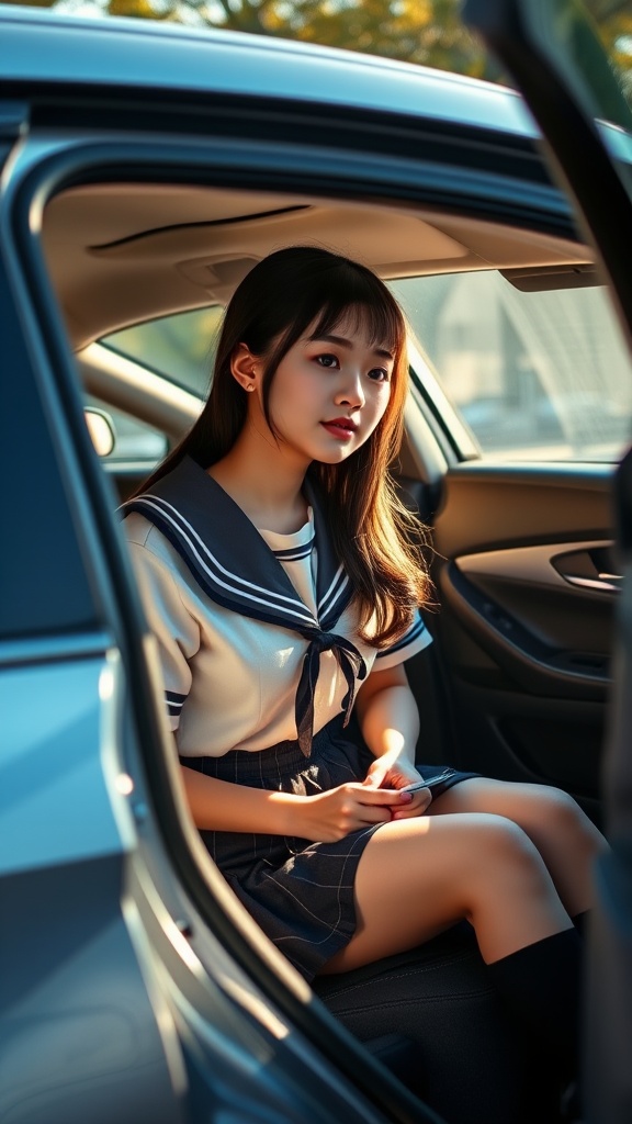 A young woman sits in the backseat of a car, gazing pensively out of the open door. She is dressed in a school uniform, featuring a navy blue and white sailor-style shirt and skirt. The sunlight streams in, casting a warm glow on her face and creating a serene atmosphere inside the vehicle.