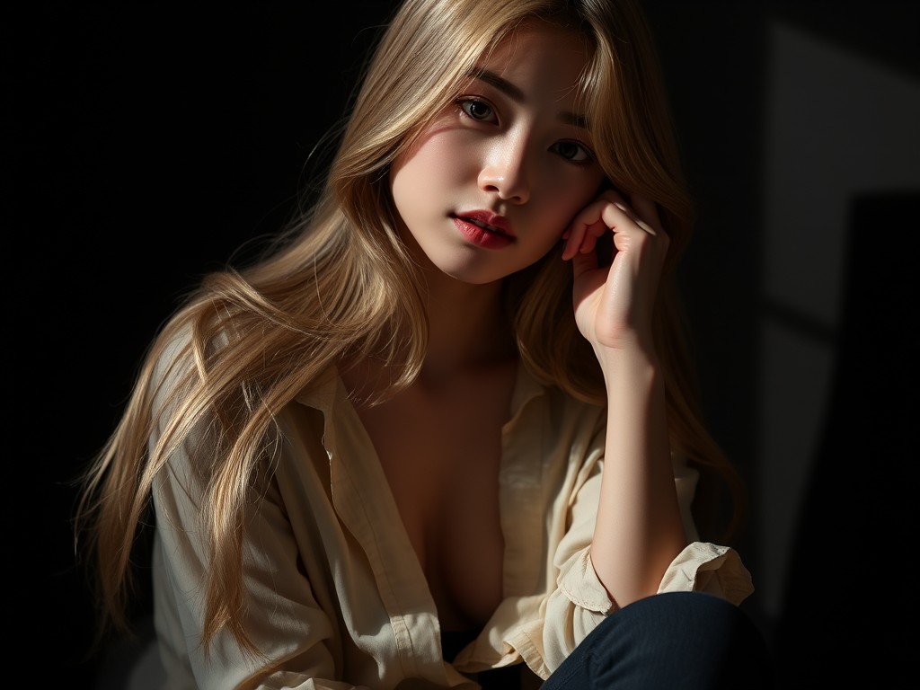 A person with long hair sits in soft, warm lighting, wearing an open shirt, creating a serene and contemplative mood.