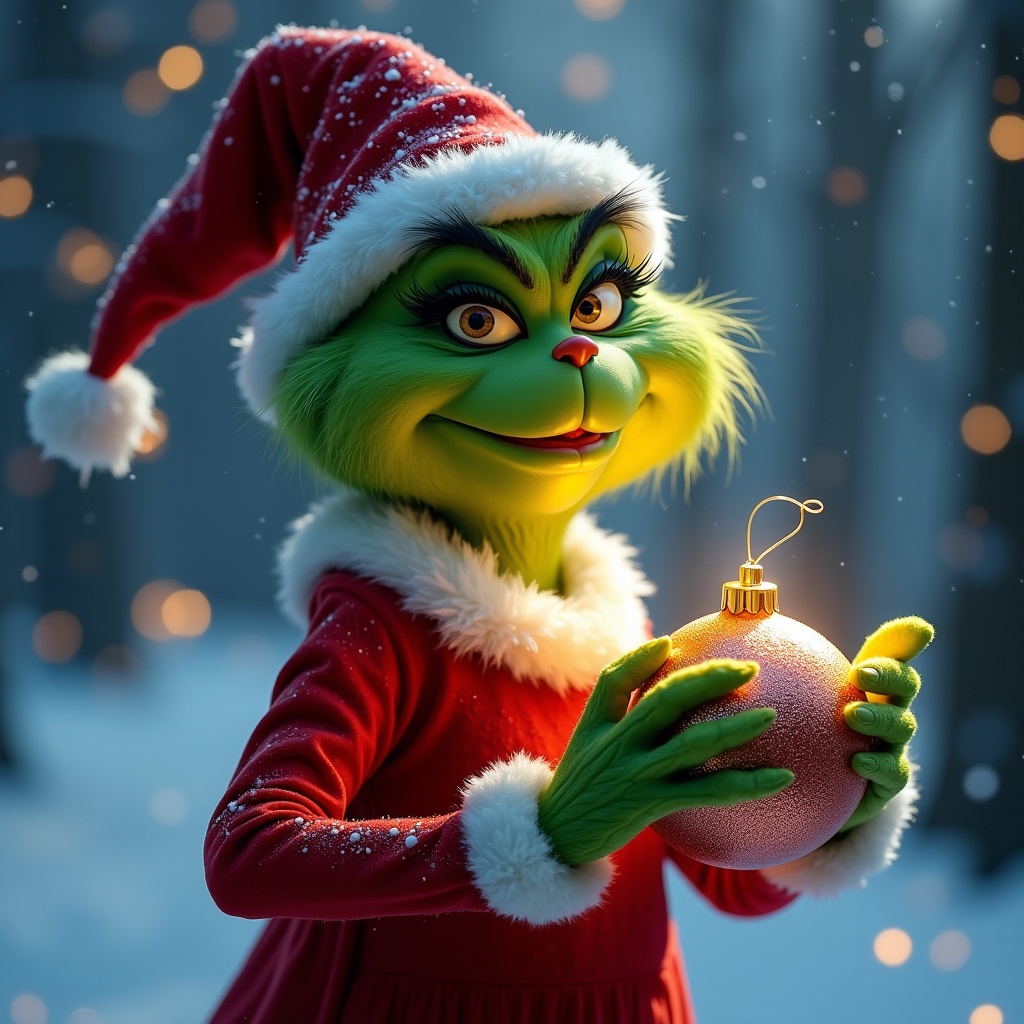 Grinch character in Christmas outfit holding shiny bauble in snowy background with festive lights