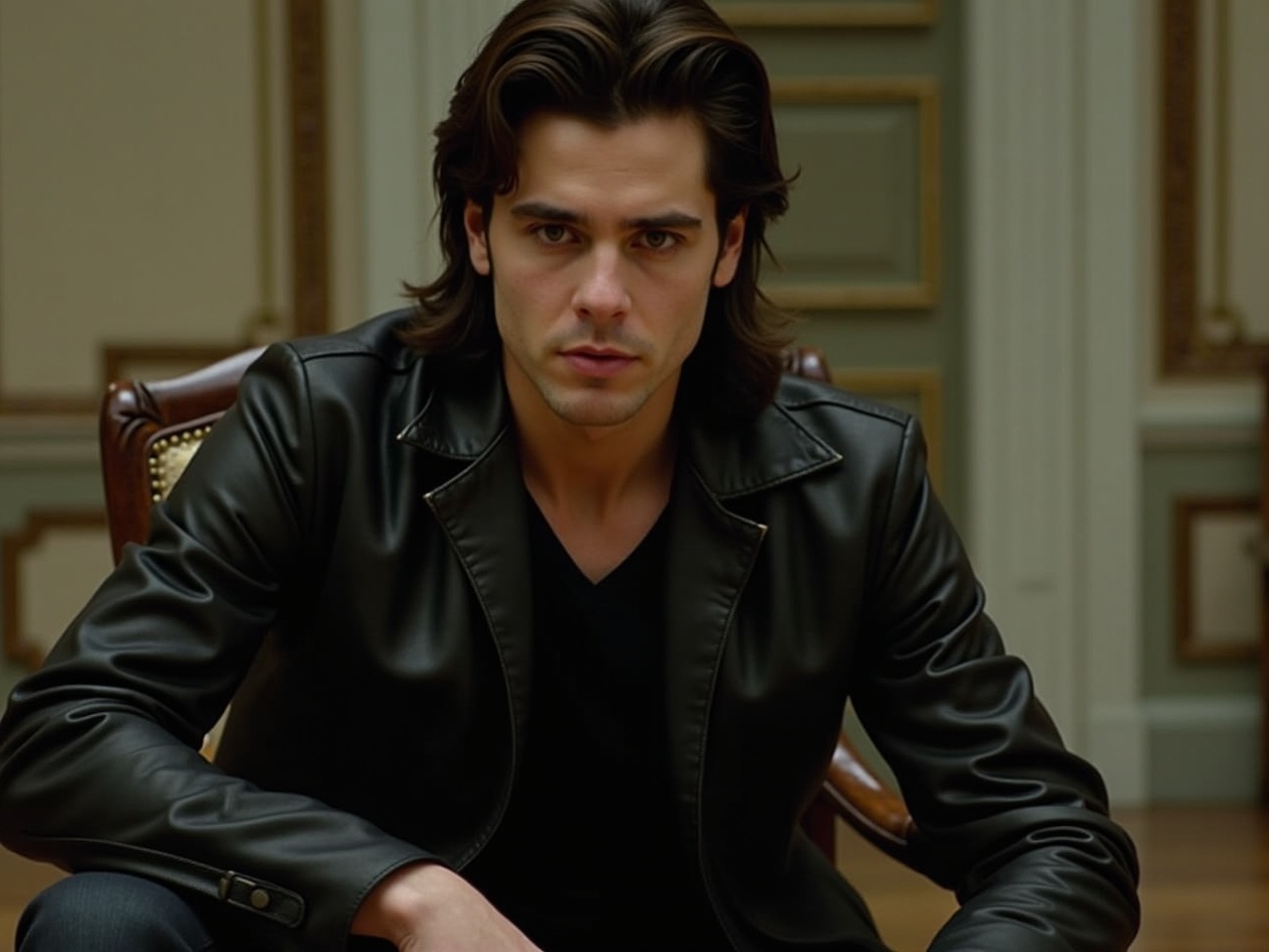 The image depicts a young man seated in a classic, elegant setting. He has long, dark hair styled dramatically and wears a black leather jacket over a black v-neck shirt. The background features ornate architecture with a soft, muted color palette. The man's expression is serious and confident, reflecting a strong personality. His pose suggests he is relaxed yet assertive, with one arm resting on his knee. This setting, combined with his attire, gives a vintage and stylish vibe.