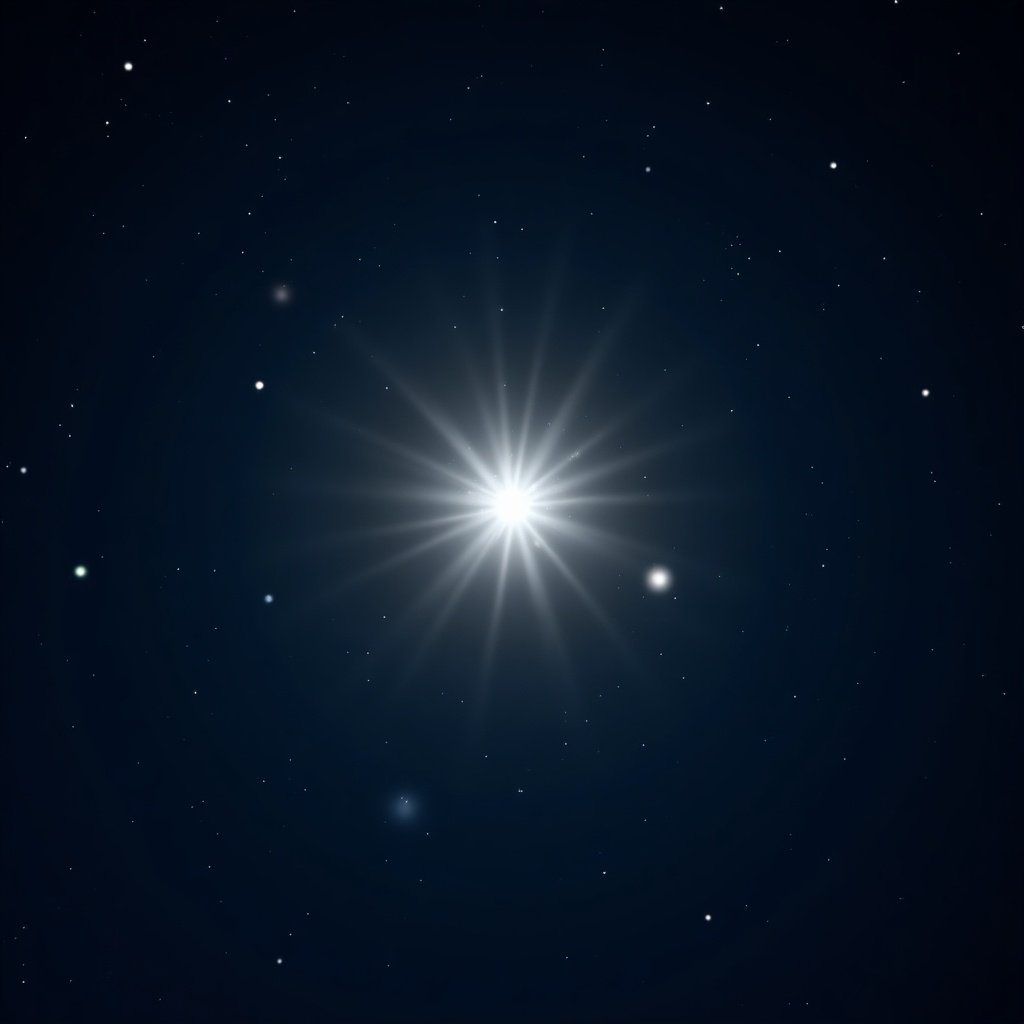 A bright star illuminates a night sky filled with twinkling stars.