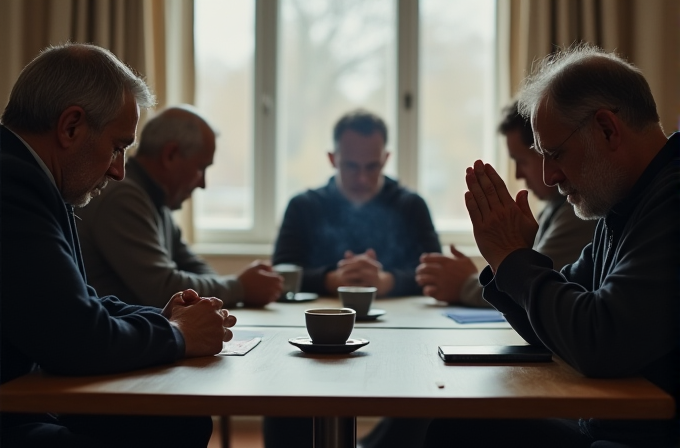 A group of men sit around a table in prayer or meditation with cups of coffee in front of them.