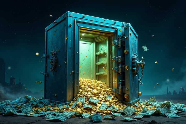 A bank vault cracks open spilling coins and bills. Surrounding chains glow blue and green. Scene has dark sky with stars. Faint city skyline in background. Combines realism with digital artistry.