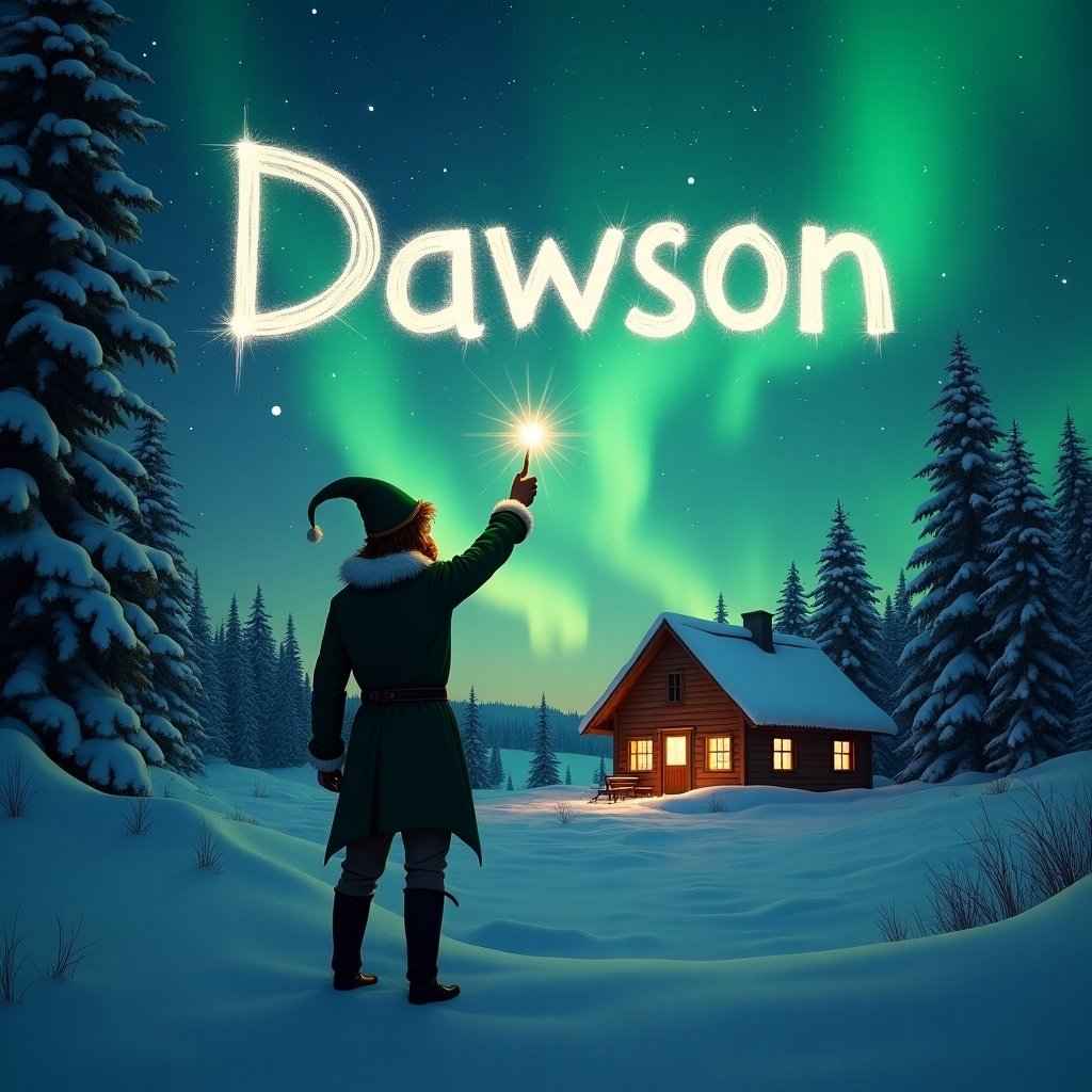 Elf stands with back to viewer. Elf writes name in the air using a wand. Background features magical northern lights and a cozy cabin. Name Dawson inscribed in the sky.