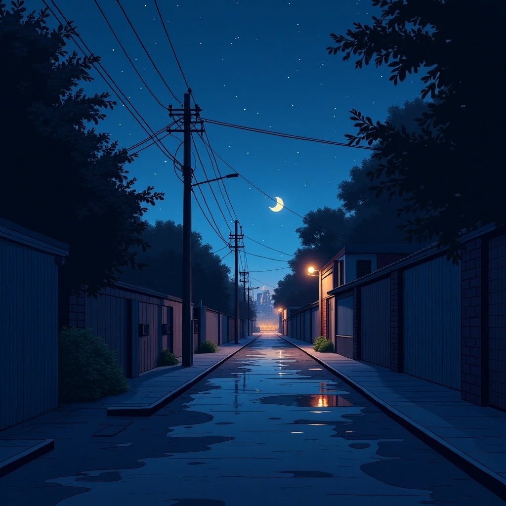 A serene night scene showing an empty alley with illuminated path. The moon is visible in the sky. The wet pavement reflects lights. The ambiance is tranquil and mysterious.