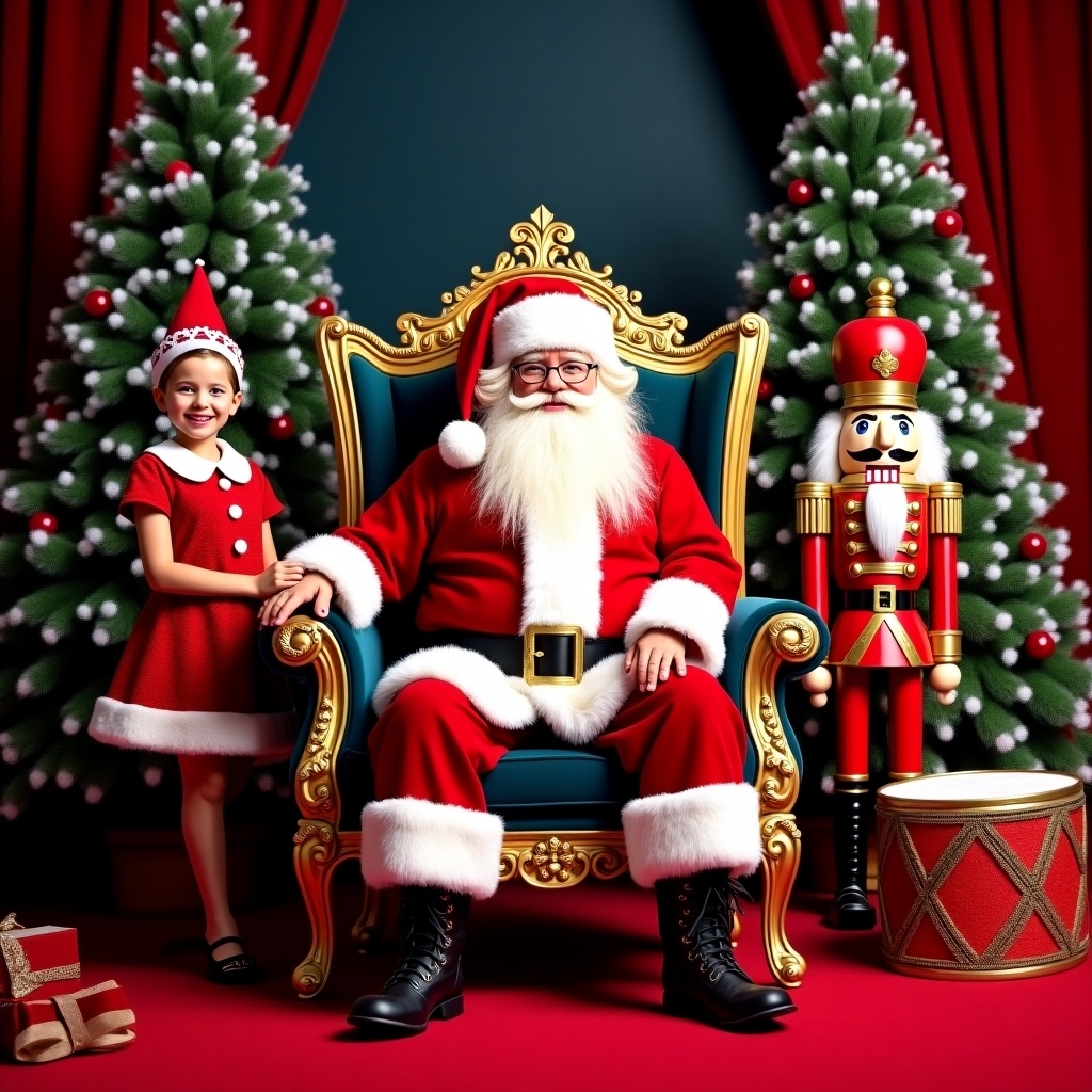 In this festive scene, Santa Claus is seated majestically in a throne chair, surrounded by a vibrant setting filled with holiday spirit. He is dressed in his traditional red suit, complete with a fluffy white beard. A joyful girl in a red dress stands beside him, smiling brightly. Flanked by beautifully flocked Christmas trees that shimmer with decorations, a charming nutcracker stands to one side, adding to the festive decor. Additionally, a playful elf is present, holding a colorful candy bag, while drums and gift boxes add to the holiday ambiance. The red carpet beneath them enhances the regal feel of this special holiday setting.