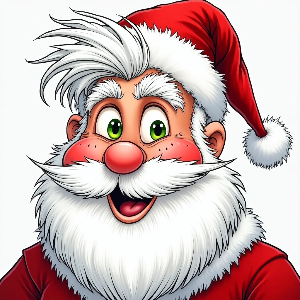 Santa's face styled as a Whoville character. Bright colors and cheerful expression. Detailed outlines and vibrant features.