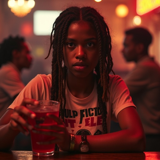 Image of a college student at a bar quick candid shot. She holds red cocktail drink while giving off uneasy vibe. Wearing Pulp Fiction shirt and showing off messy box braids. Red, brown and black colors create a moody atmosphere.