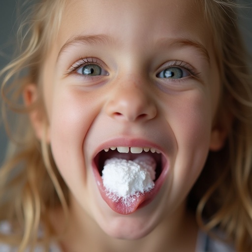 A little girl sticks her tongue out while chewing something. She has a playful expression with food visible in her mouth. The image captures the innocence and joy of childhood. The background is softly blurred to emphasize her face and mouth. Her hair is wavy and natural with light reflecting softly on it.