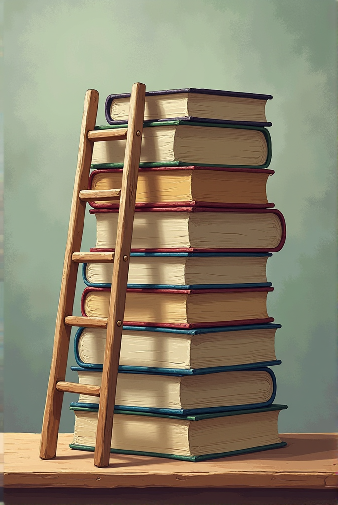 A stack of eight large, colorful books is topped by a small wooden ladder, set against a muted background.