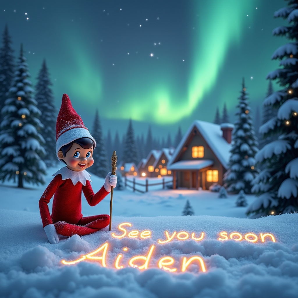 A magical snowy scene features a traditional elf on the shelf writing 'See you soon Aiden' in the snow. The elf, dressed in a classic red outfit, holds a small stick and looks joyful. In the background, a cozy village of houses with glowing lights can be seen, surrounded by snow-covered trees. The night sky is beautifully lit by the vibrant aurora borealis, creating a whimsical atmosphere. This scene captures the essence of the holiday spirit and childhood wonder.