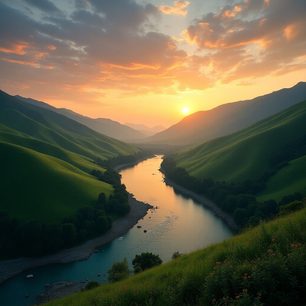 The image depicts a serene landscape at sunset, showcasing a winding river surrounded by lush green hills. The sun sets behind the mountains, casting a warm glow over the scene. Soft clouds drift across the sky, reflecting the orange and yellow hues of the sunset. The tranquil river creates a stunning mirror effect, enhancing the beauty of the landscape. This breathtaking setting invites viewers to connect with nature and find peace in its beauty.