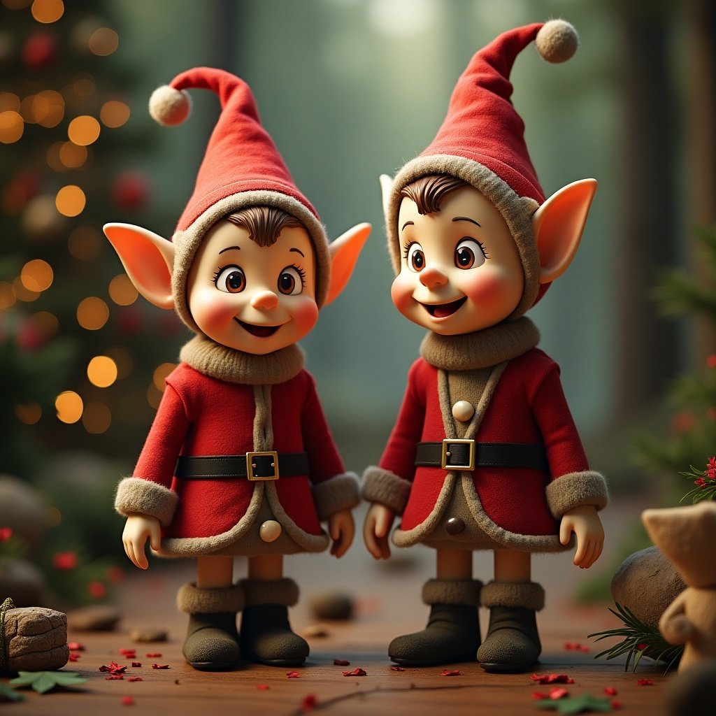 Two cheerful elves in red Christmas outfits stand together. They wear hats and have ears characteristic of elves. The background features Christmas decorations, creating a warm holiday atmosphere. This image evokes joy and festivity.