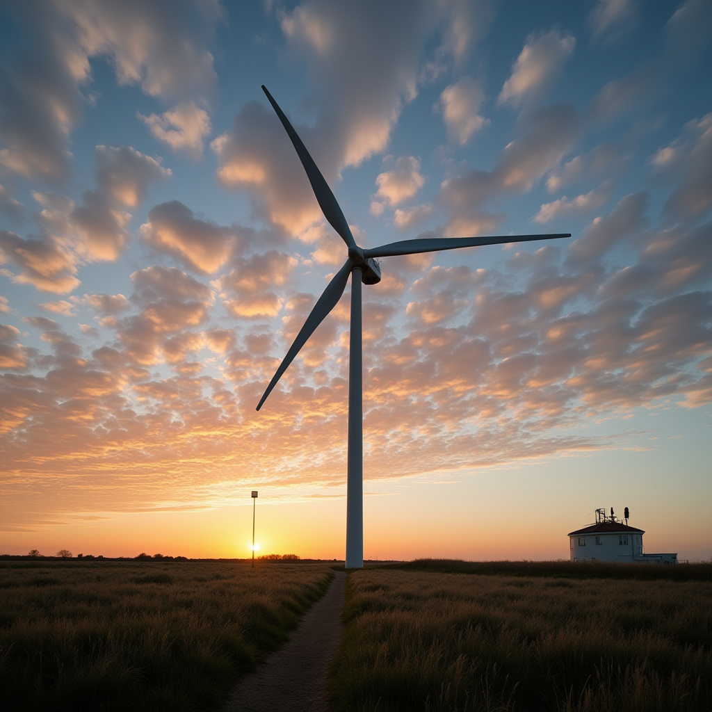 The image captures a large wind turbine standing tall in a vast field during sunset. The sky is adorned with scattered, fluffy clouds painted in warm hues of orange and pink as the sun dips towards the horizon. A narrow pathway cuts through the grassy field leading toward the turbine, creating a sense of depth and perspective. To the right, there is a small building, possibly a control house, with antennas on its roof, adding an element of human presence to this tranquil landscape. The scene exudes a sense of peace and harmony between technology and nature.