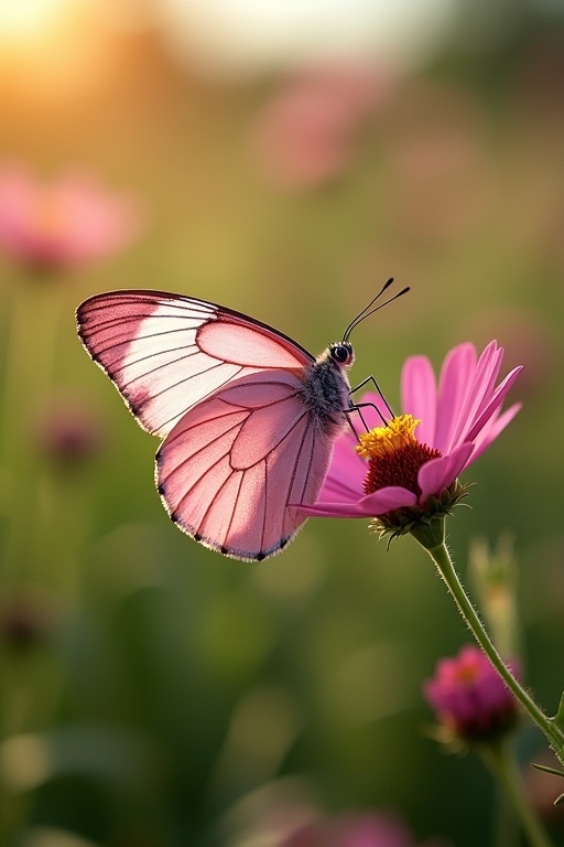 A butterfly with deep pink and white color combination perched on a flower in a sunlit garden. The image showcases the delicate features and symmetry of the butterfly. Pink flower petals complement the butterfly's hues. Warm sunlight bathes the scene creating a serene atmosphere.