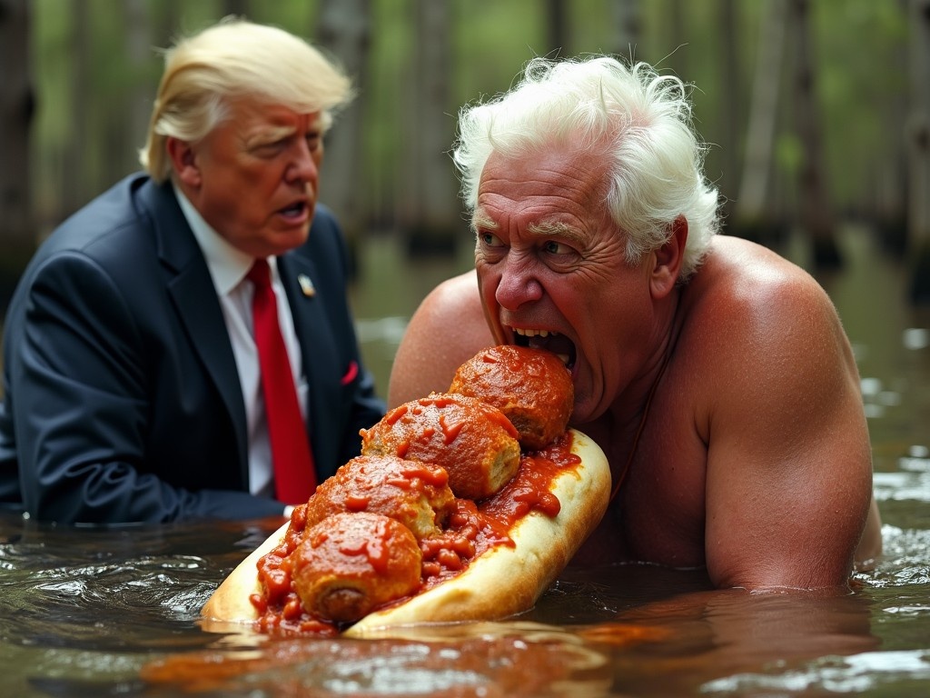 In a humorous scene set in a Florida swamp, Ron DeSantis is caught in a ridiculous moment, attempting to eat a massive three-foot meatball sub. The sub is overflowing with sauce, creating a messy spectacle as grease and tomato sauce splatter around him. He is comically dressed in high heels, adding to the absurdity of the situation. Nearby, Donald Trump looks on with expressions of disgust and anger, reflecting his disdain for the spectacle. The background features murky water and trees typical of a swamp setting, enhancing the overall humorous and chaotic vibe of the image.