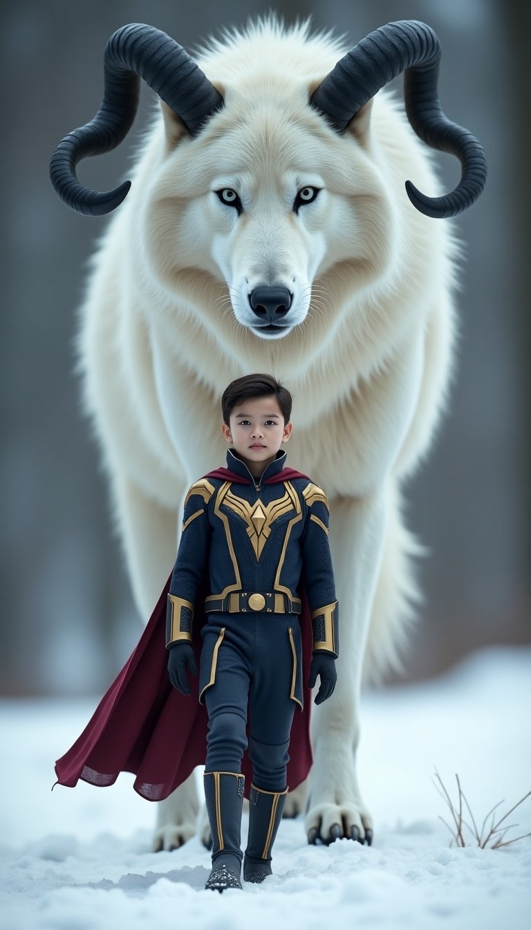 Vertical image depicting a young superhero in a Marvel costume walking confidently in front of a giant white wolf with black horns. Mystical scene in a serene snow-covered landscape with soft lighting. Strong and sacred mood emphasizing the bond between boy and wolf. Textures of fur and clothing highlighted.