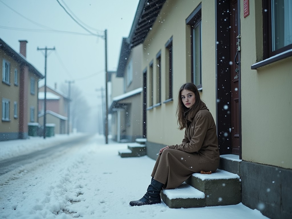 A young woman in a brown coat sits on the steps of a house, surrounded by a snowy landscape. The scene captures a quiet street lined with similar houses, and the snowfall creates a serene atmosphere. Her serene yet contemplative expression adds depth to the cold, misty setting.