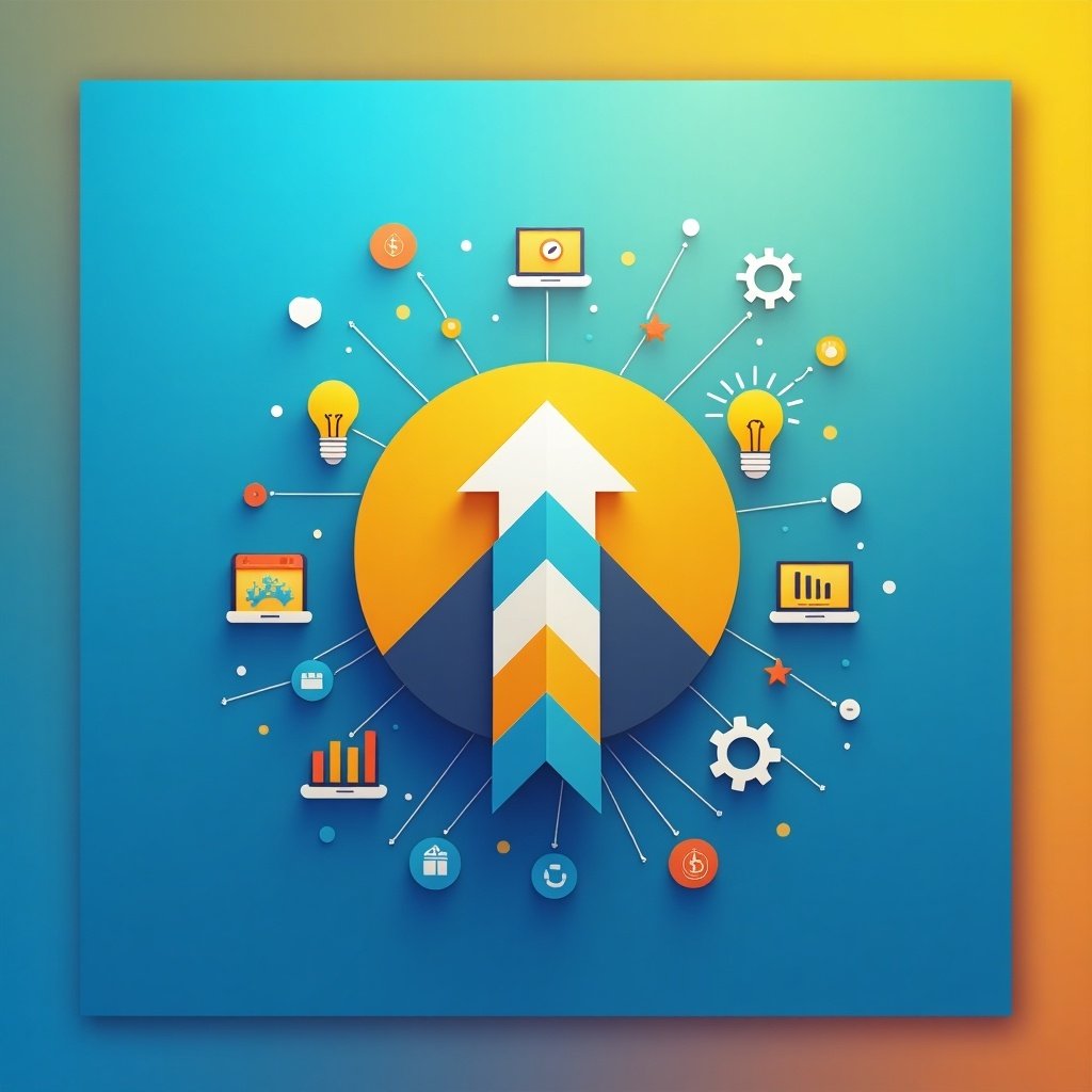 Visually appealing Instagram profile picture concept for business motivation account. Modern sleek design with bold clean typography. Background has gradient of vibrant blues and golds. Centered upward arrow symbolizes ambition. Surrounded by minimalistic icons of money, light bulbs, gears. Design is professional and eye-catching for motivational brand.