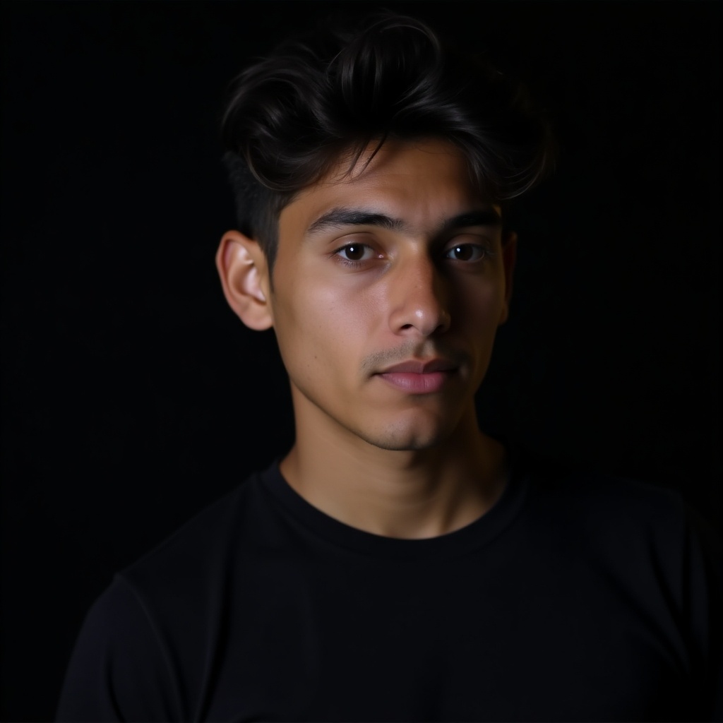 A young man with a focused expression against a dark backdrop.