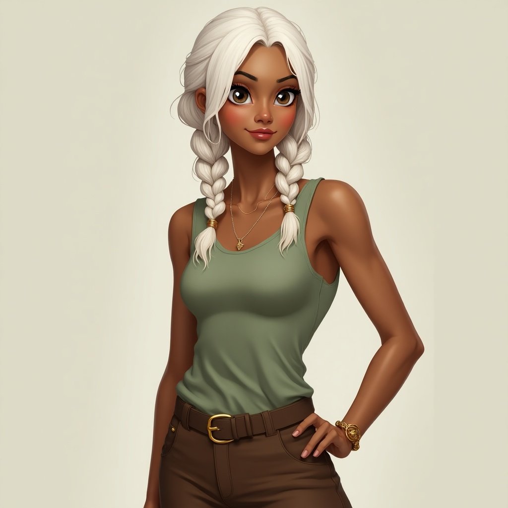 An Arcane female character with white hair in two french braids. She has golden ornaments in her hair and slightly darker skin tone. Big light brown eyes, small nose with a gold nose ring, full lips. Wearing a sage green tank top and brown low waisted pants.