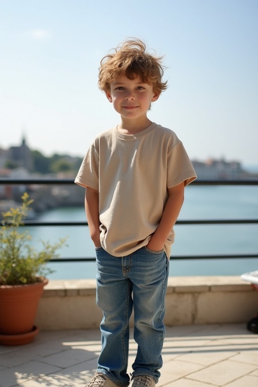 A young boy wears a large natural-colored T-shirt. He pairs it with blue jeans and sneakers. He stands on a balcony with hands in pockets. Short light brown hair is tousled. The background shows a sunny harbor in Normandy.