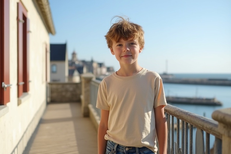 A young boy wearing a large natural-colored T-shirt with blue jeans stands on a balcony. Short light brown hair is tousled. Peaceful harbor view in Normandy in the background. Sunny day provides a calming atmosphere.